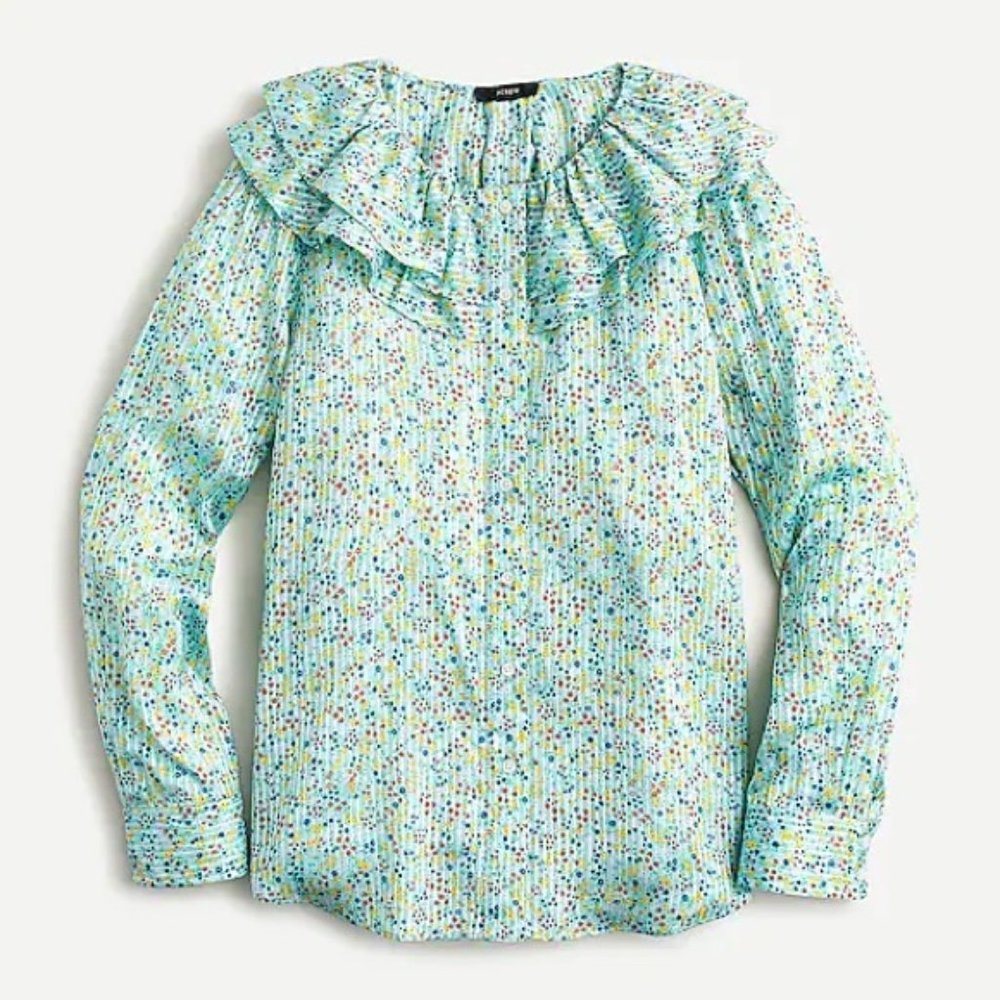 J. Crew | Ruffle Top In Field Day Print Aqua Small Ditsy Floral Mint New Viscose - Picture 6 of 15
